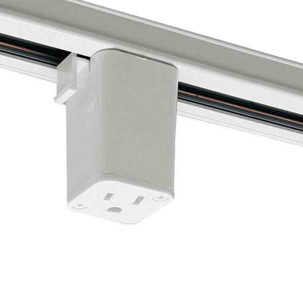 3-prong track lighting outlet adapter in a white finish, showing the standard outlet face and track connector compatible with single- or double-circuit tracks.