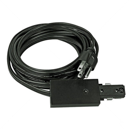 Light track cord and plug set in a black finish, showing the single-circuit track connector and standard power plug for temporary lighting setups.
