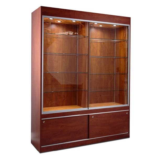 Euro double-wide glass display case with adjustable shelves, LED lighting, and locking sliding doors.”