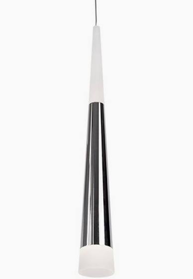 Slim cone-shaped LED pendant light in brushed silver finish with illuminated acrylic ends, suspended from adjustable cord, suitable for contemporary restaurant and bar interiors.