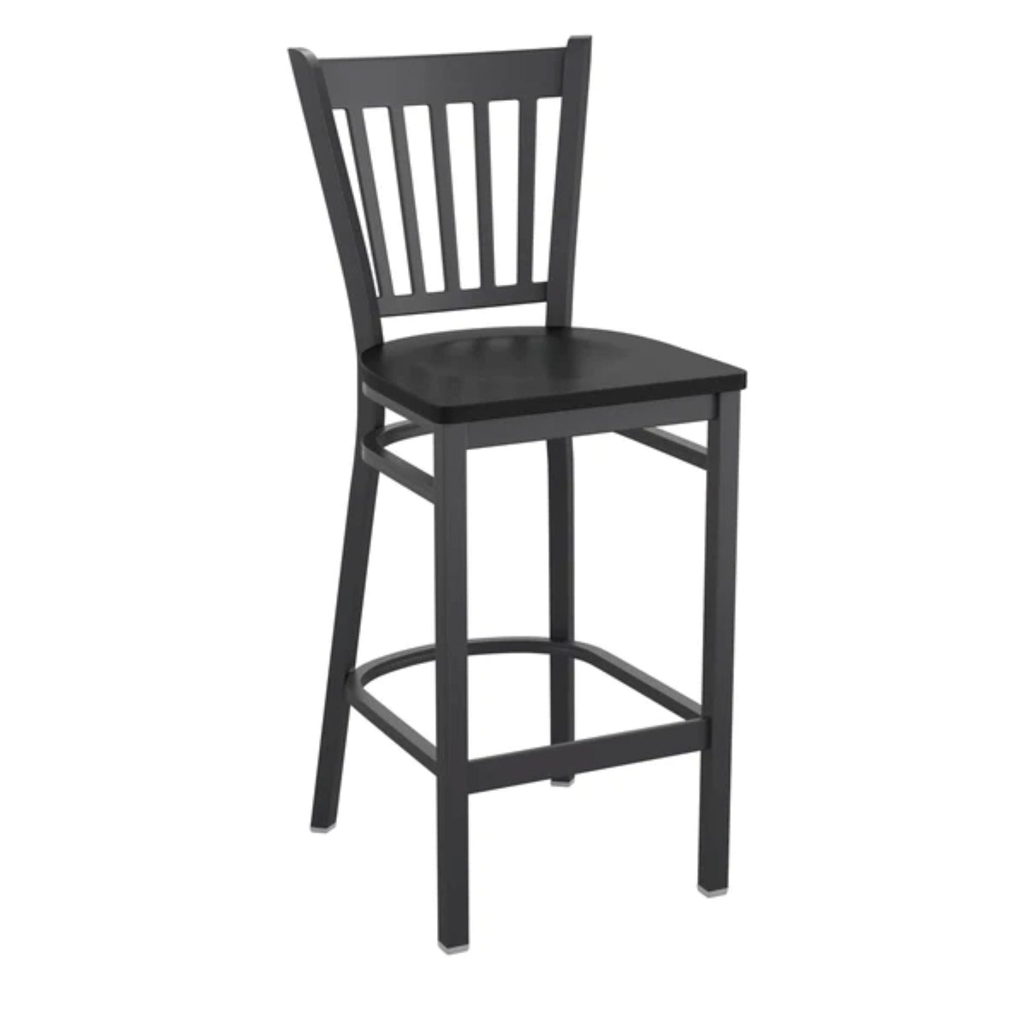 Vertical back metal restaurant barstool with black frame and black stain wood seat