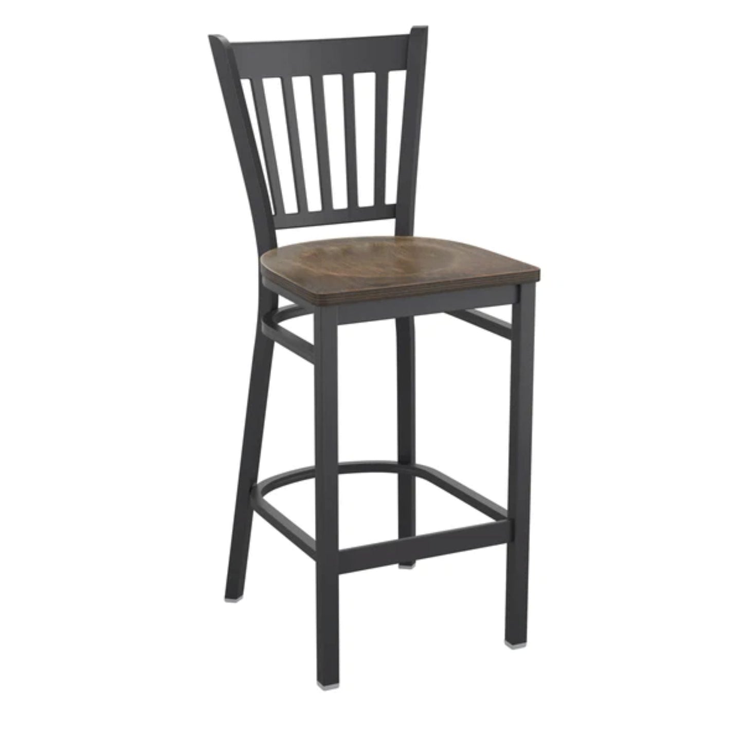 Vertical back metal restaurant barstool with black frame and copper-finish wood seat