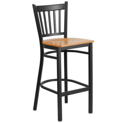 Vertical back metal restaurant barstool with black frame and natural clear coat wood seat