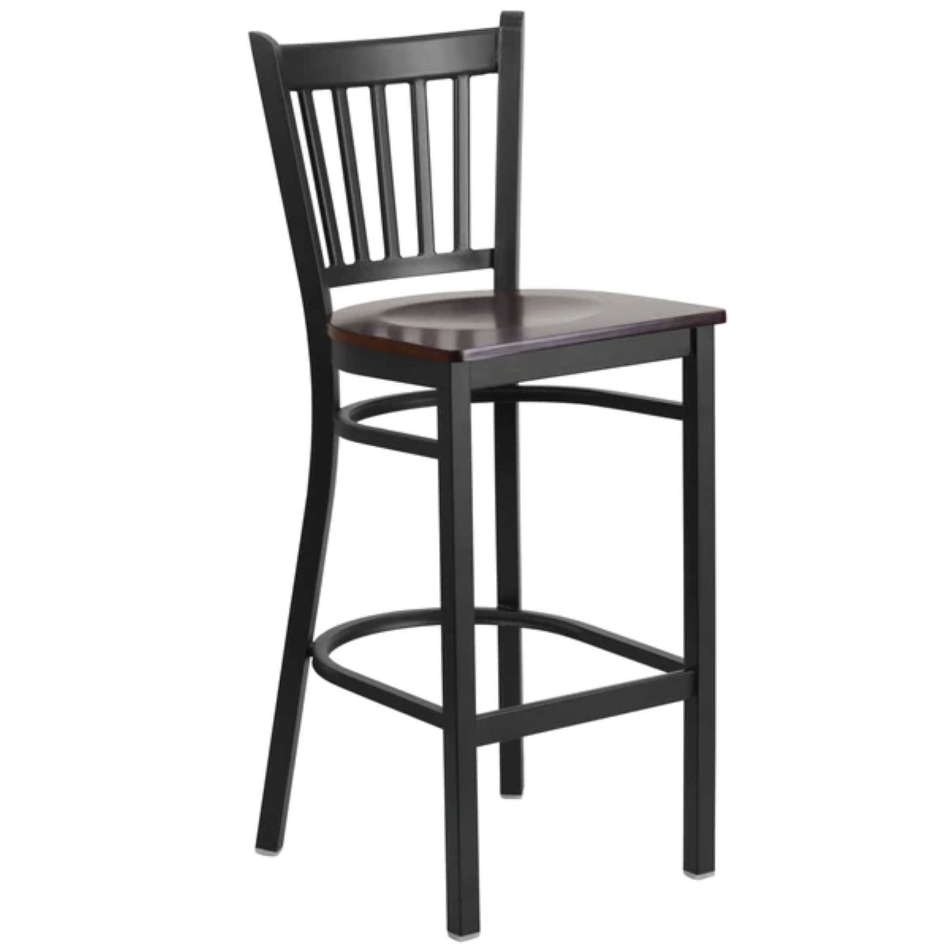 Vertical back metal restaurant barstool with black frame and walnut wood seat