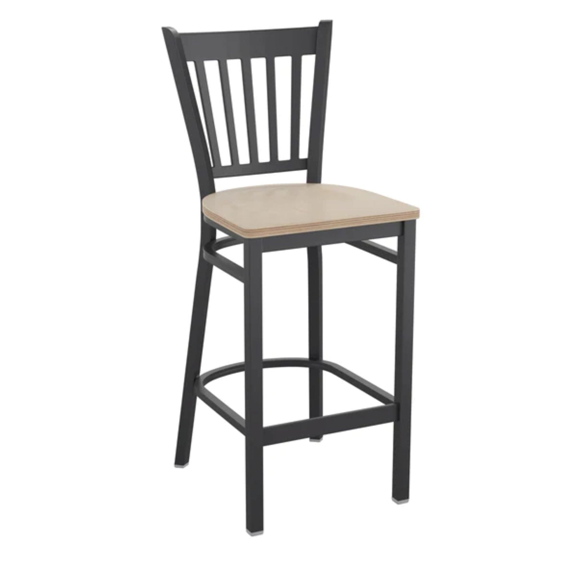 Black metal vertical-back barstool with antique white wood seat