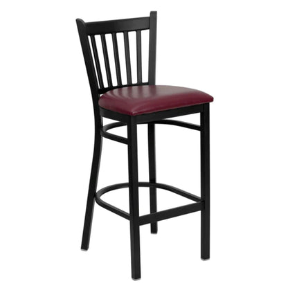 Vertical back metal restaurant barstool with black frame and burgundy vinyl padded seat