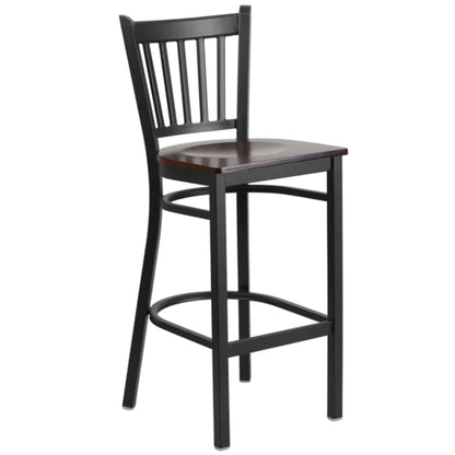 Vertical back metal restaurant barstool with black frame and walnut wood seat