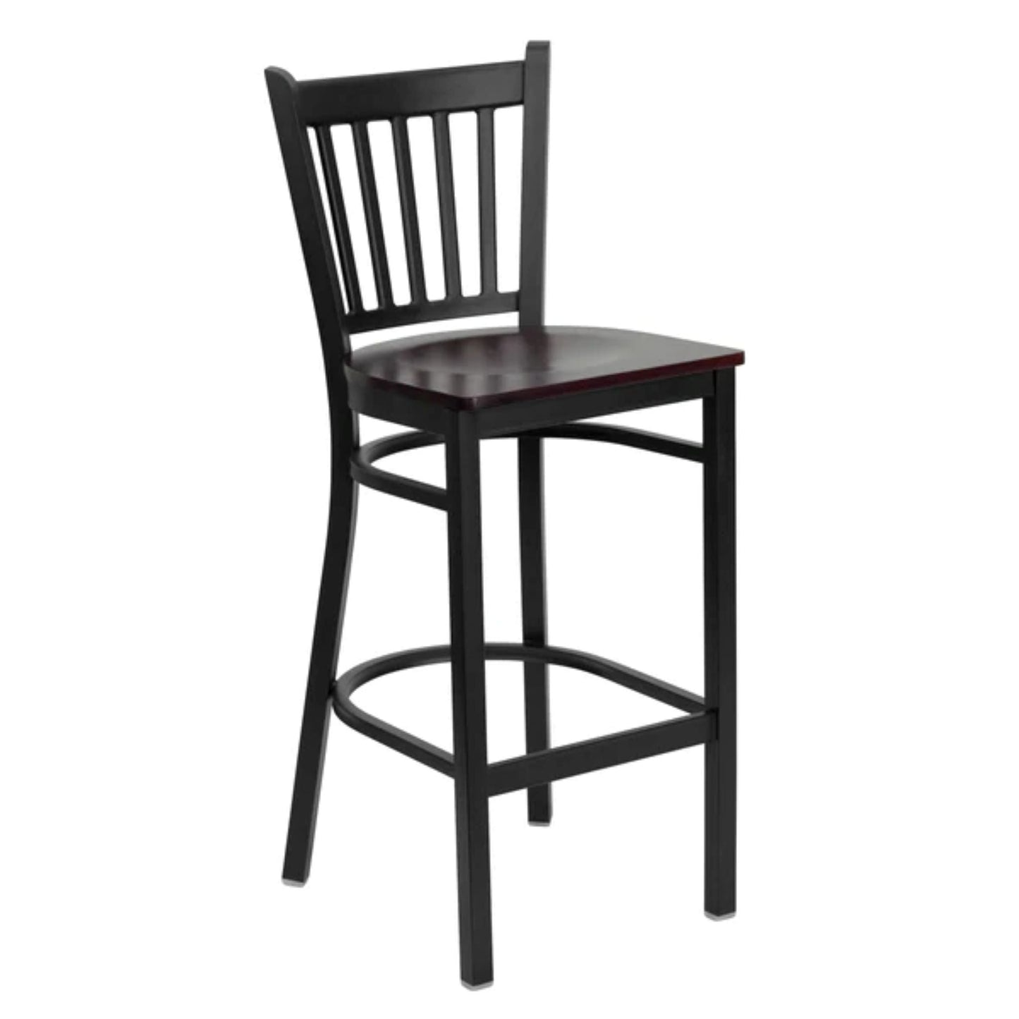 Vertical back metal restaurant barstool with black frame and mahogany wood seat
