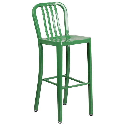 Vertical slat back metal bar stool in green with contoured metal seat and footrest