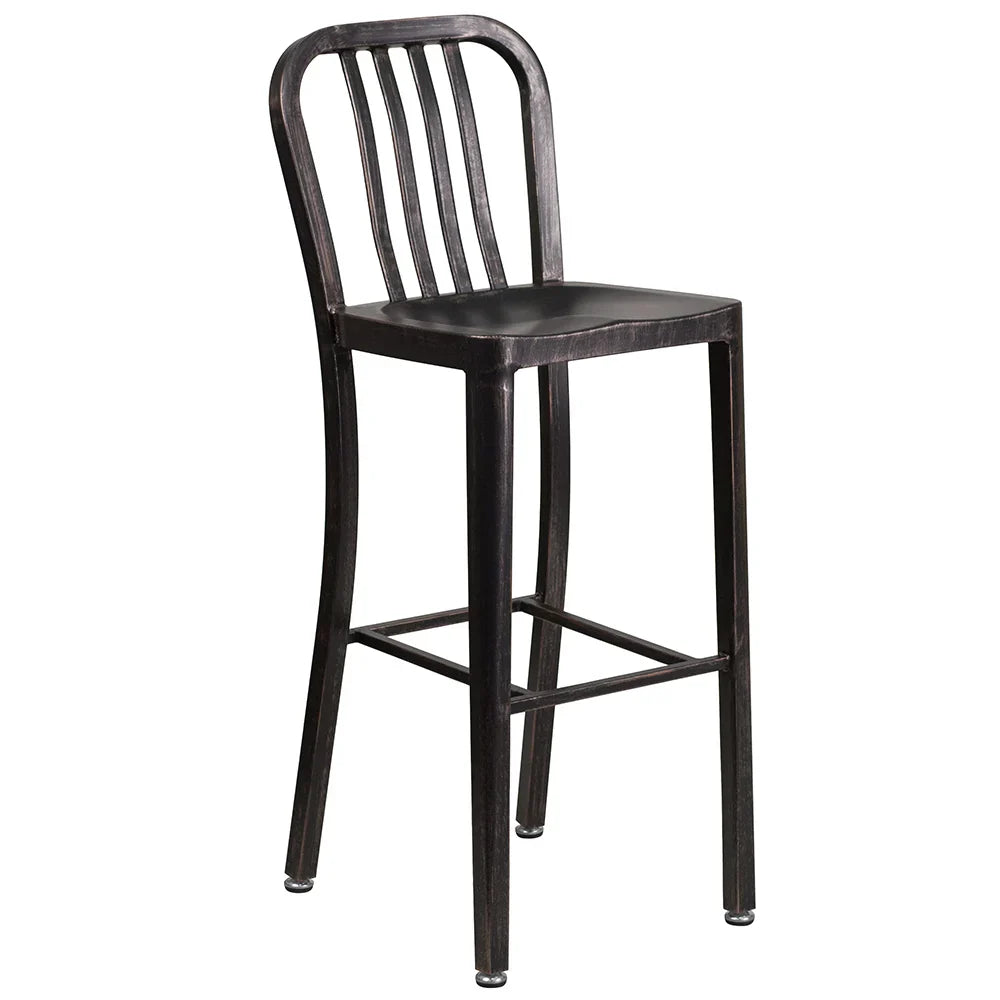 Vertical slat back metal bar stool in black and antique gold finish with metal seat