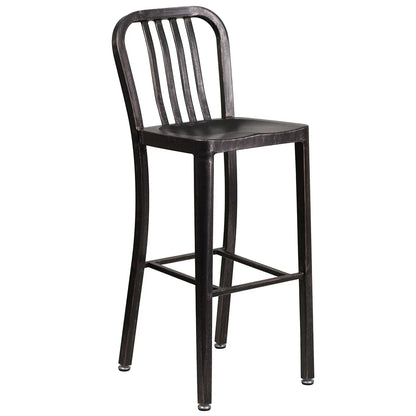 Vertical slat back metal bar stool in black and antique gold finish with metal seat