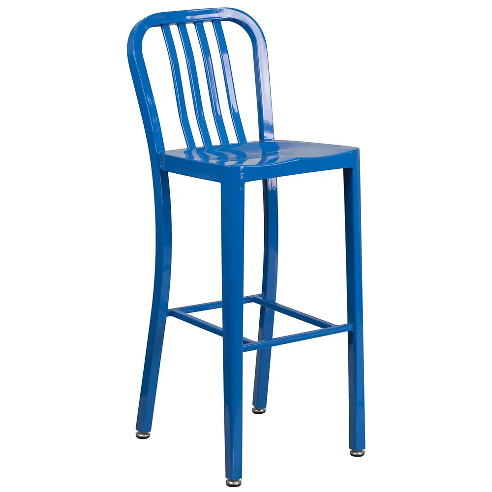 Vertical slat back metal bar stool in blue with contoured metal seat and footrest