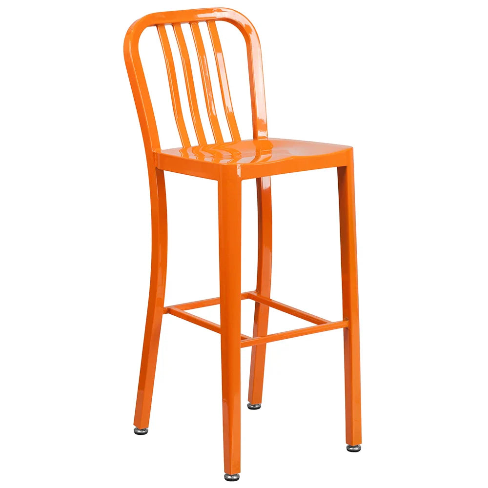 Vertical slat back metal bar stool in orange with contoured metal seat