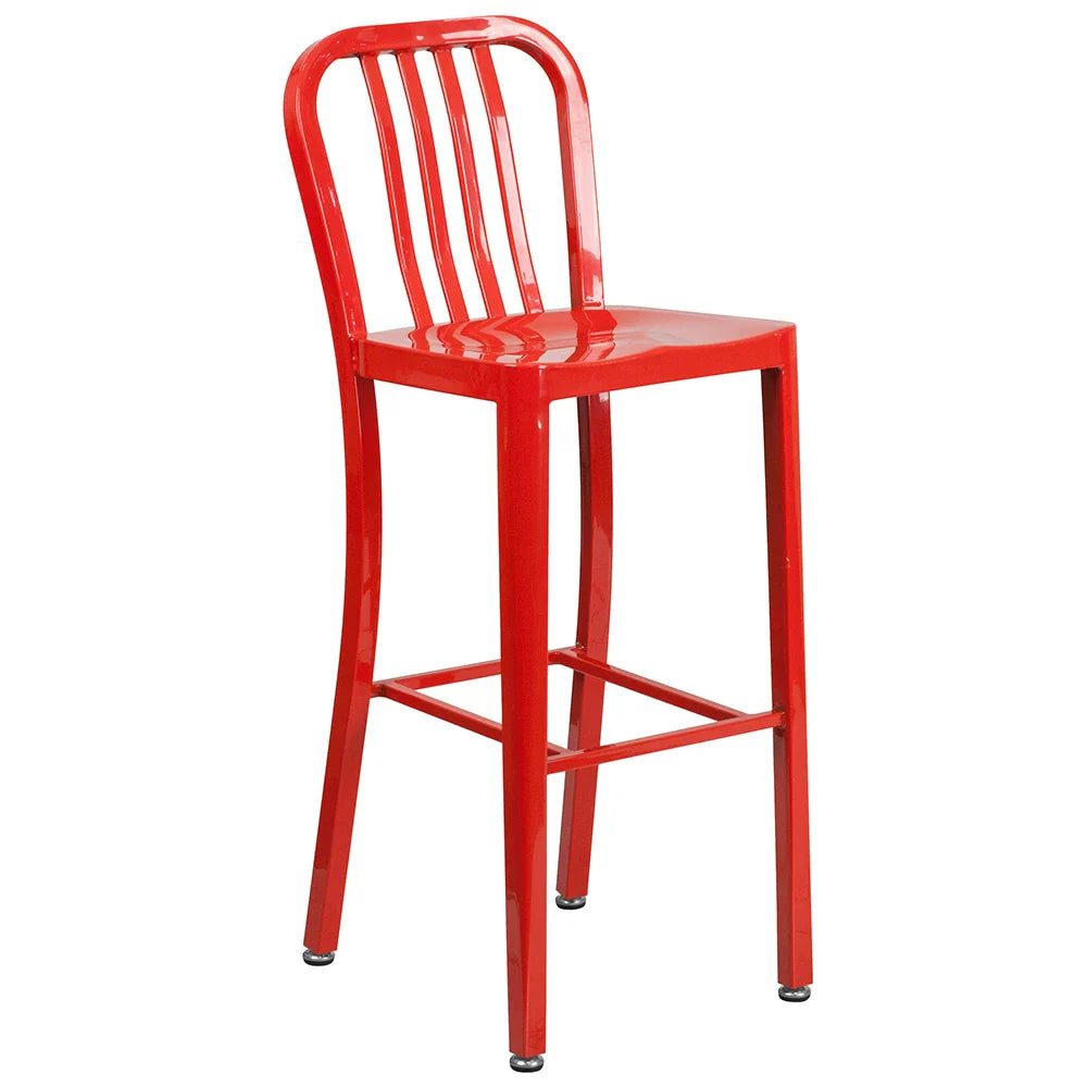 Vertical slat back metal bar stool in red with metal seat and galvanized frame