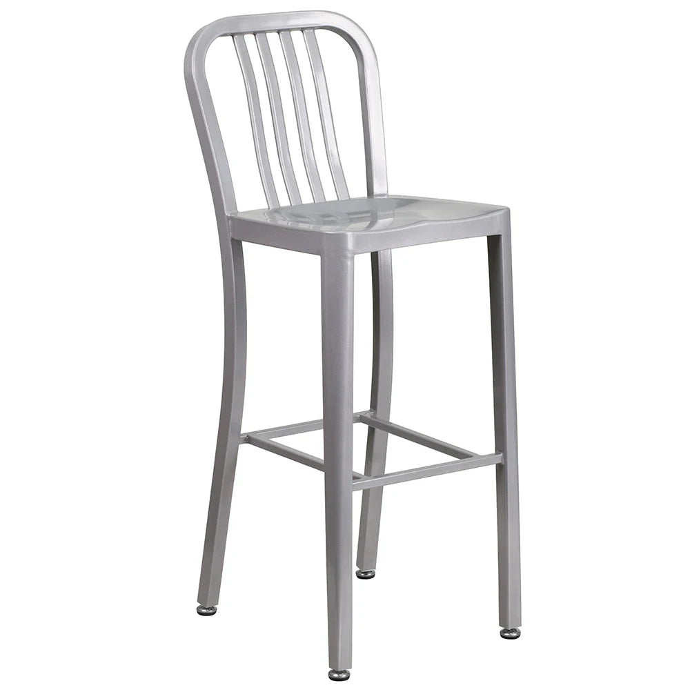 Vertical slat back metal bar stool in silver with metal seat and galvanized steel frame