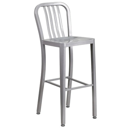 Vertical slat back metal bar stool in silver with metal seat and galvanized steel frame