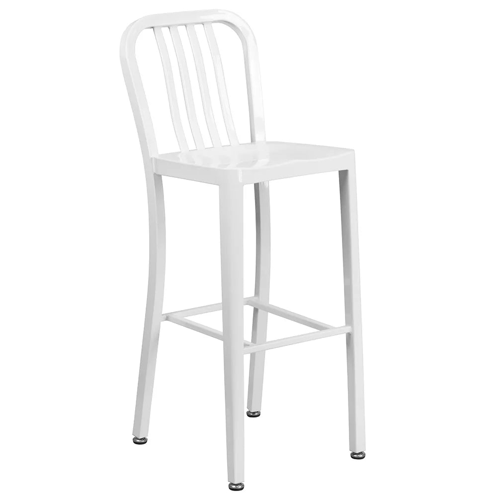Vertical slat back metal bar stool in white with metal seat and powder-coated frame