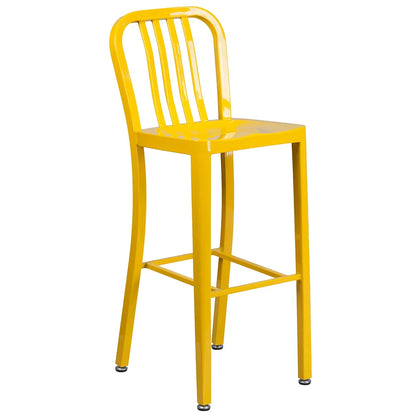 Vertical slat back metal bar stool in yellow with contoured metal seat