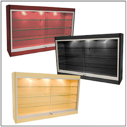 Front view of an economy wall-mounted display case with sliding glass doors, LED lighting, and adjustable tempered glass shelves.