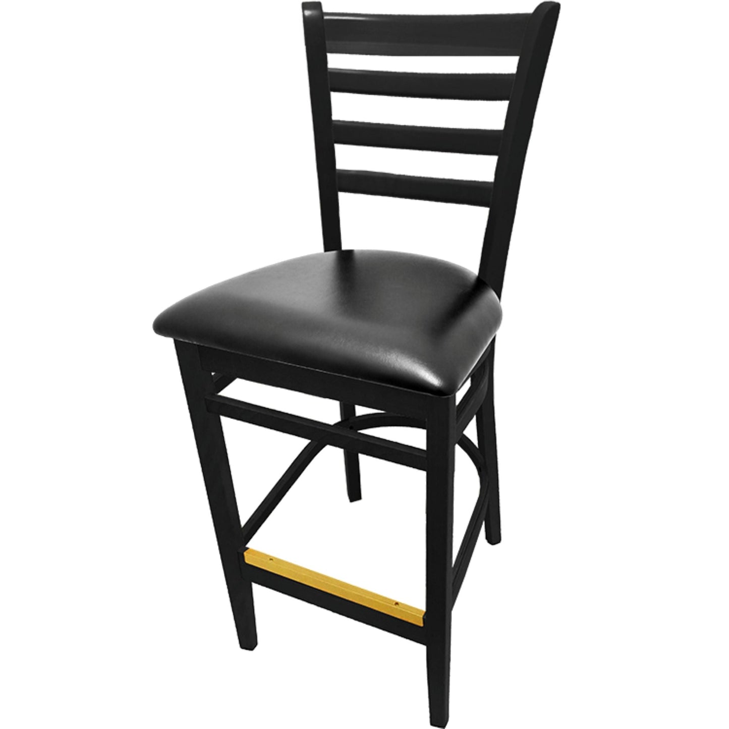 Clear coat ladderback barstool with solid beechwood frame and black vinyl seat for restaurant use