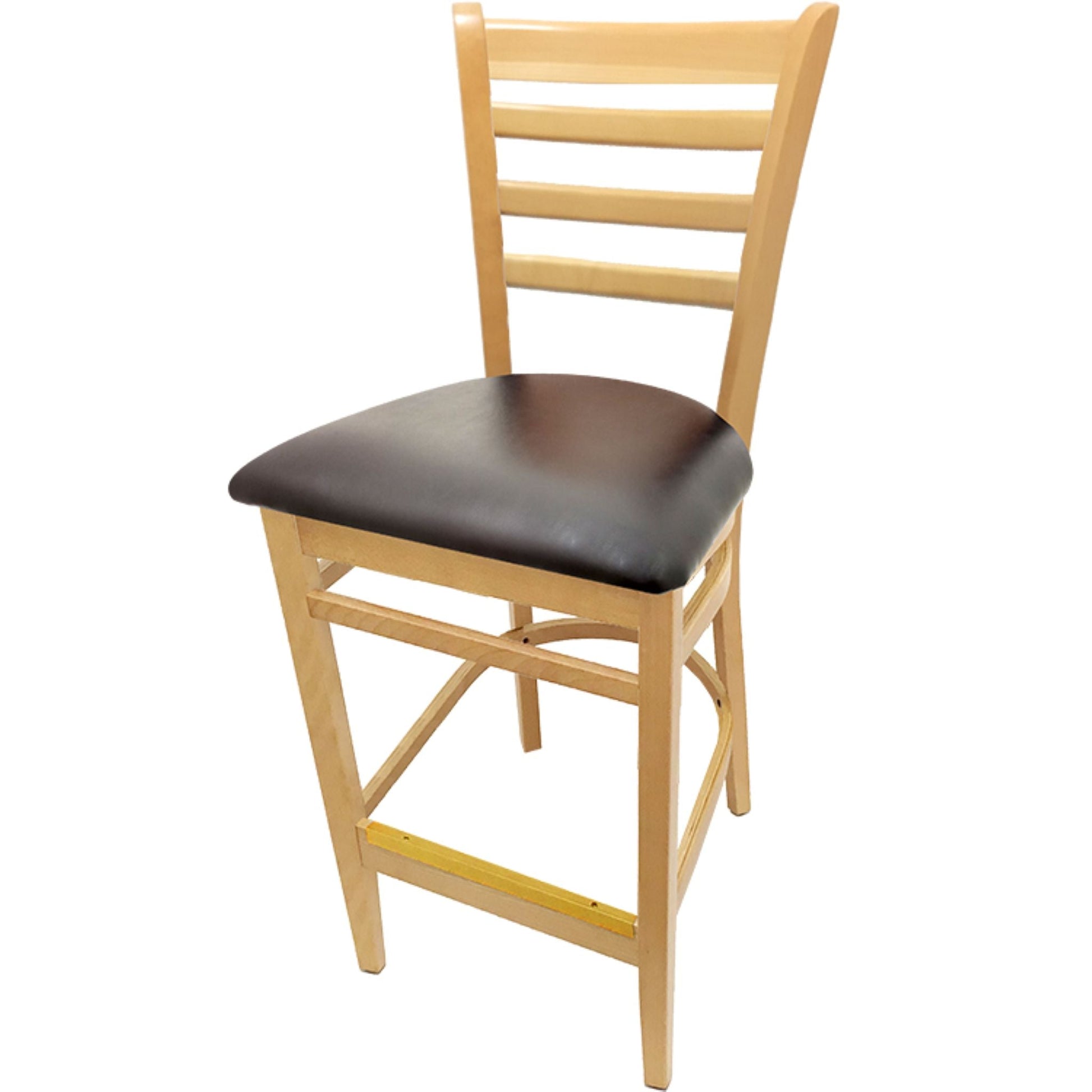 Clear coat wooden ladderback barstool with espresso vinyl seat for bar and lounge interiors