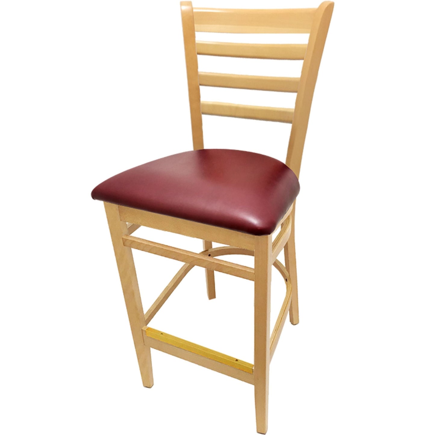 Clear coat wooden ladderback barstool with wine-colored vinyl seat for upscale dining spaces

Clearcoat Vinyl Seat