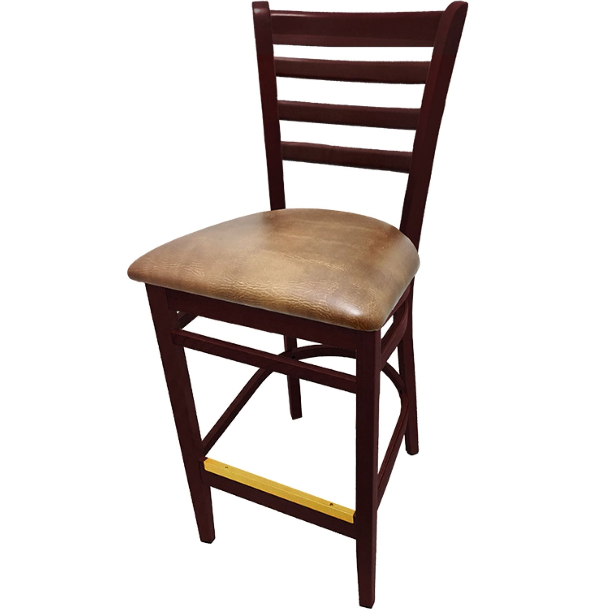 Mahogany finish barstool with buckskin vinyl seat for cafés and commercial dining spaces