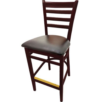 Mahogany wood ladderback barstool with espresso vinyl seat for hospitality settings