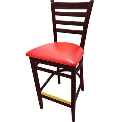 Mahogany beechwood barstool with red vinyl seat for bar-height seating areas