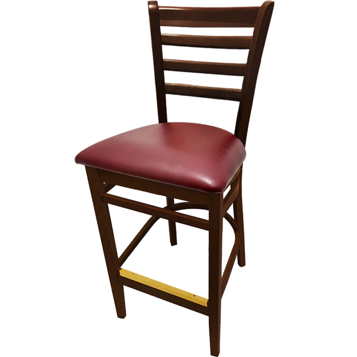 Mahogany ladderback barstool with wine vinyl seat for elegant dining rooms and hotel lounges
