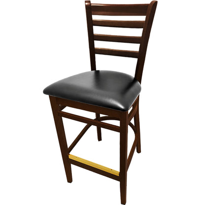 Walnut finish ladderback barstool with black vinyl seat for restaurants and hotels