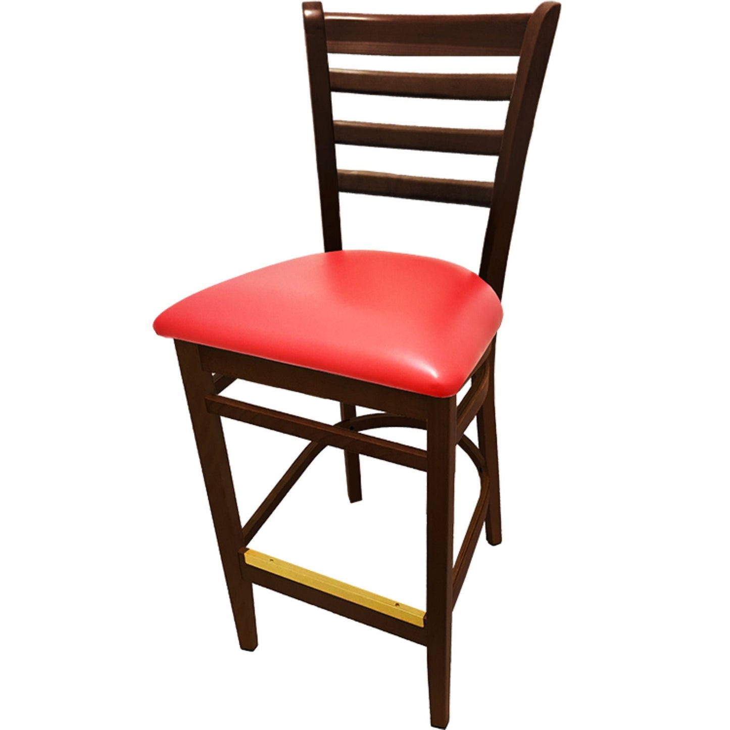Walnut wood restaurant barstool with bold red vinyl seat