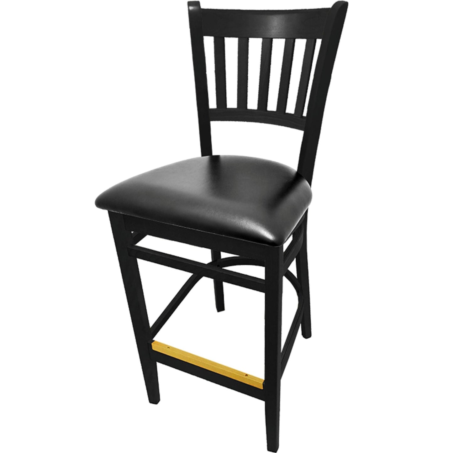 Vertical back barstool with black frame and black vinyl seat