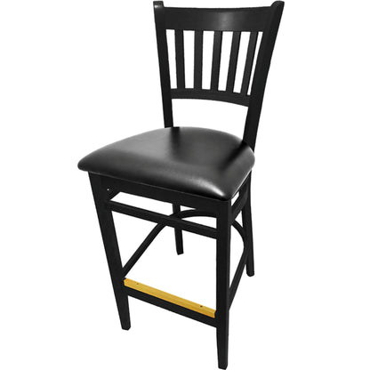 Vertical back barstool with black frame and black vinyl seat