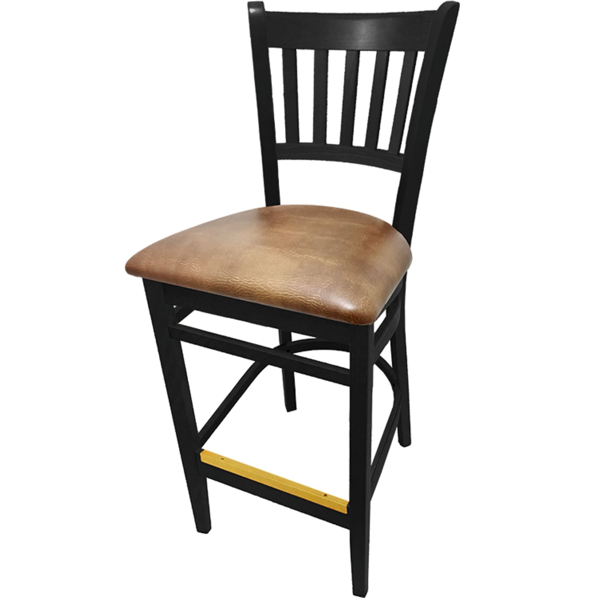 Vertical back barstool with black frame and buckskin vinyl seat