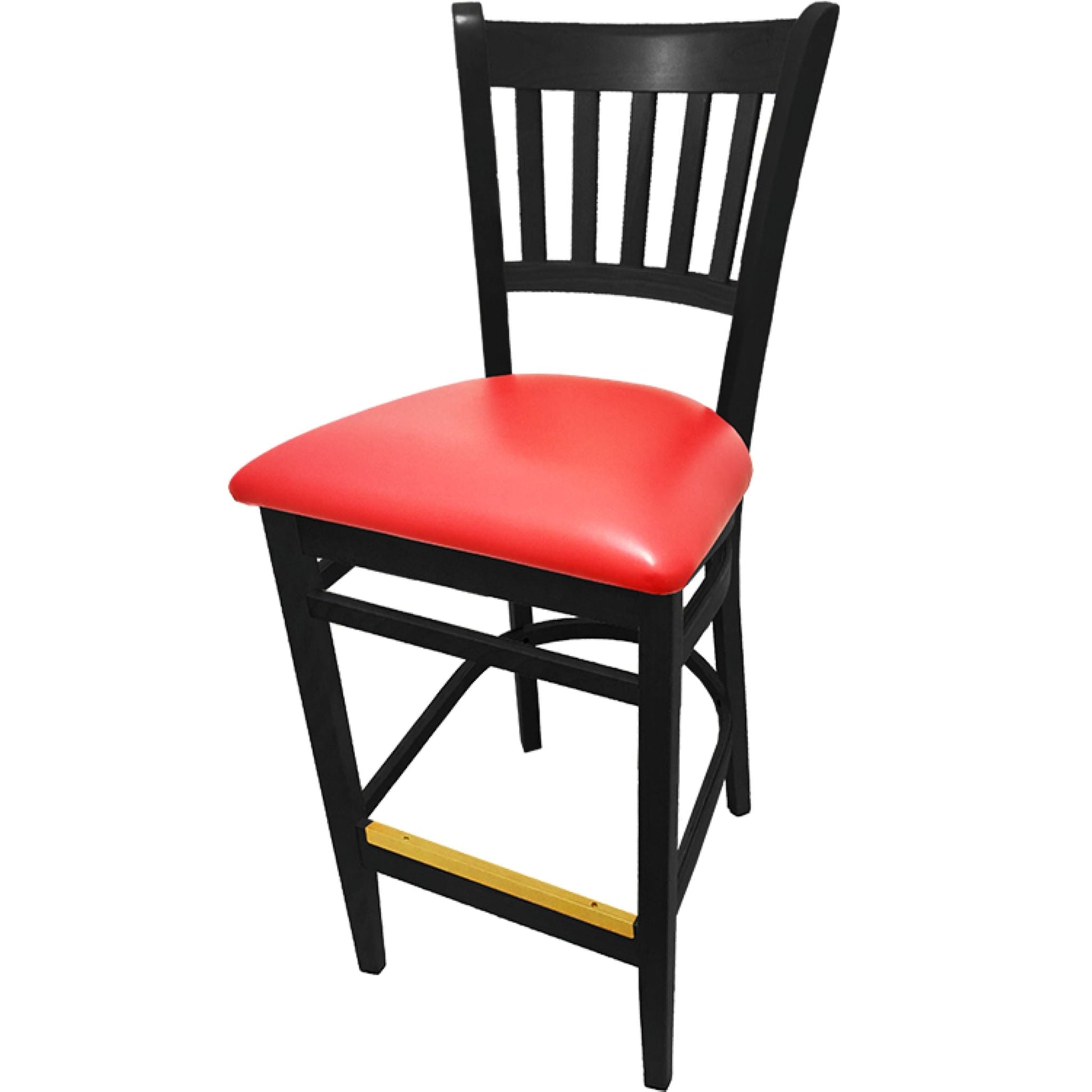 Vertical back barstool with black frame and red vinyl seat