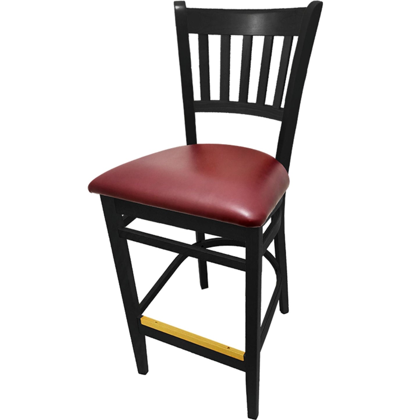 Vertical back barstool with black frame and wine vinyl seat
