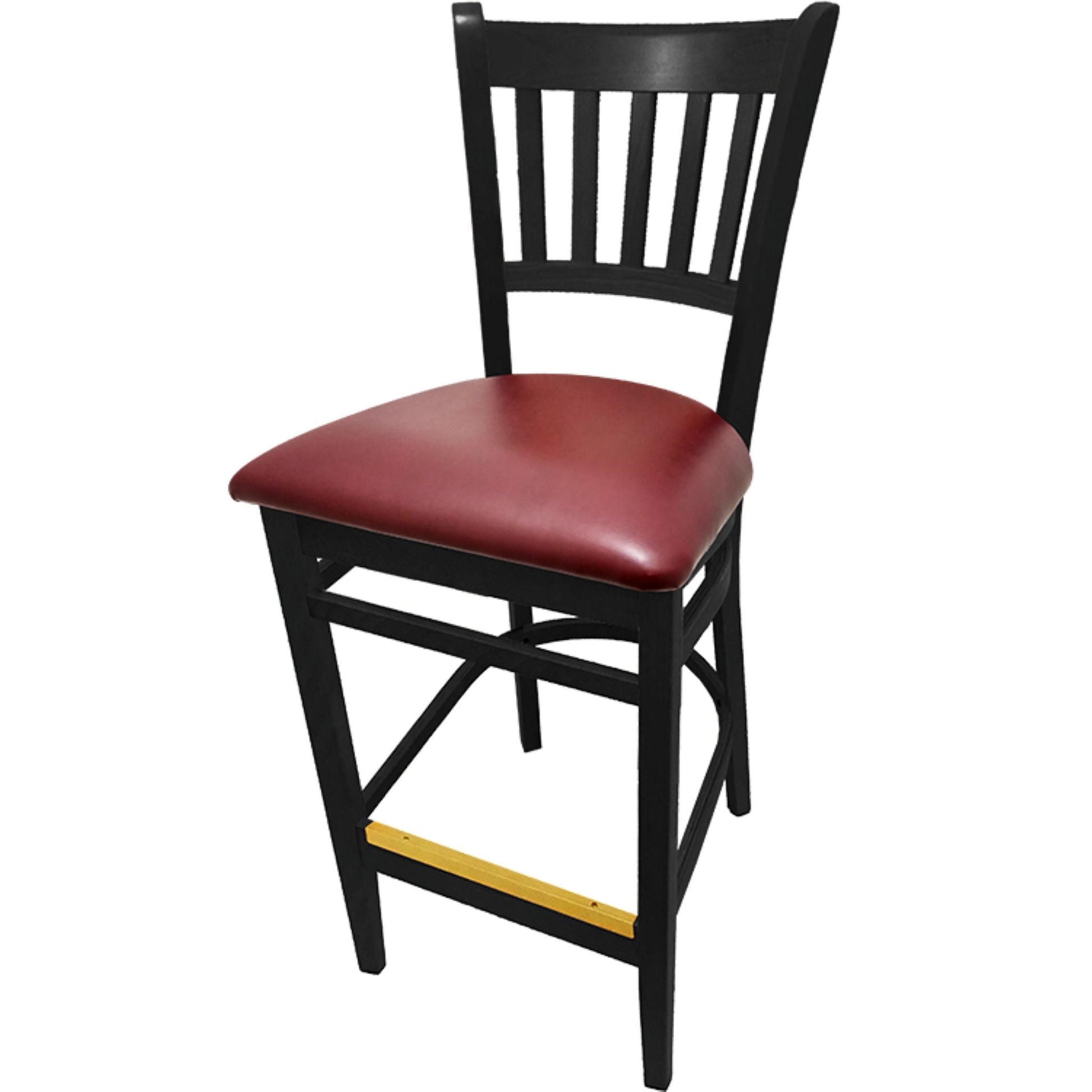 Vertical back barstool with black frame and wine vinyl seat