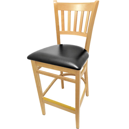 Vertical back barstool with clear coat frame and black vinyl seat