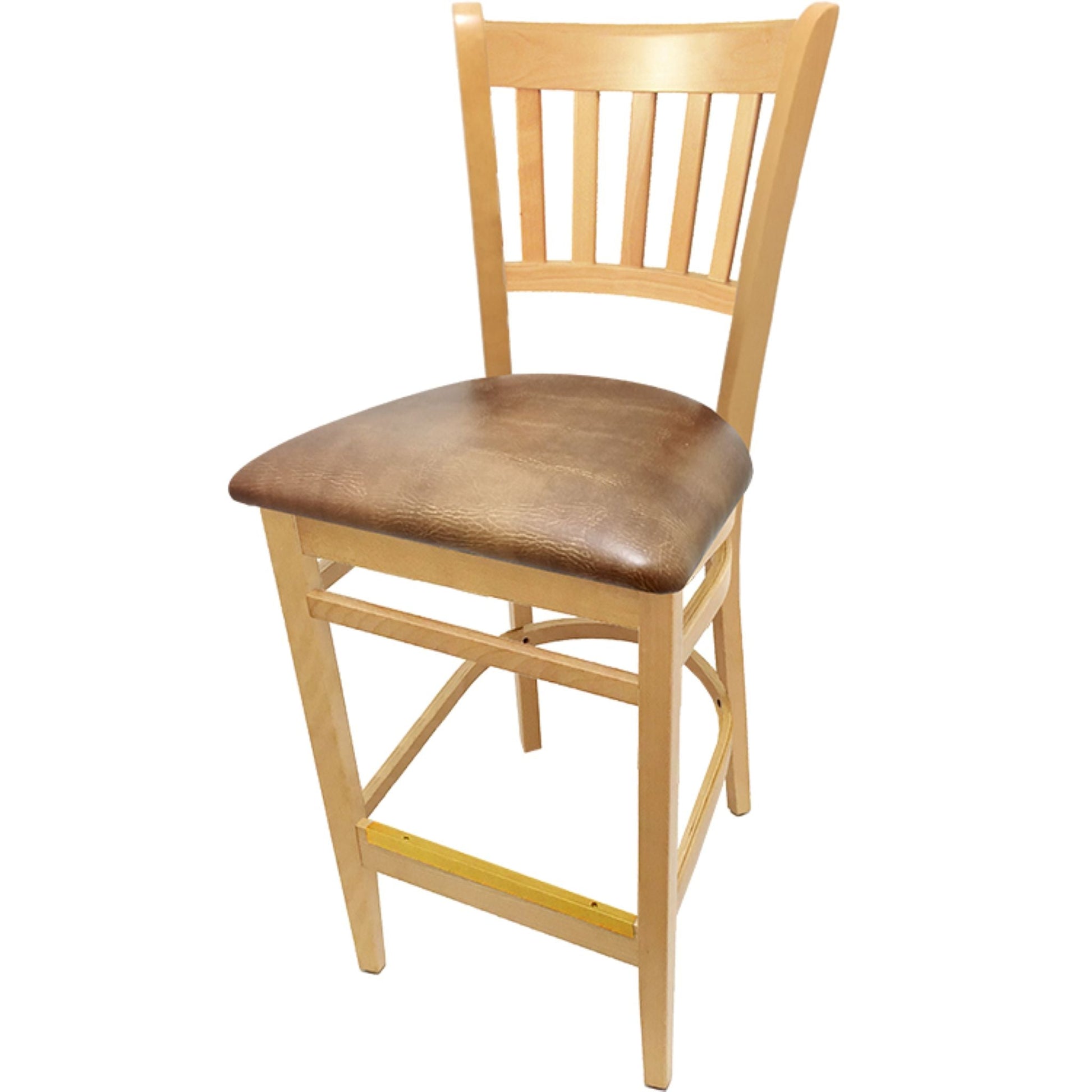 Vertical back barstool with clear coat frame and buckskin vinyl seat