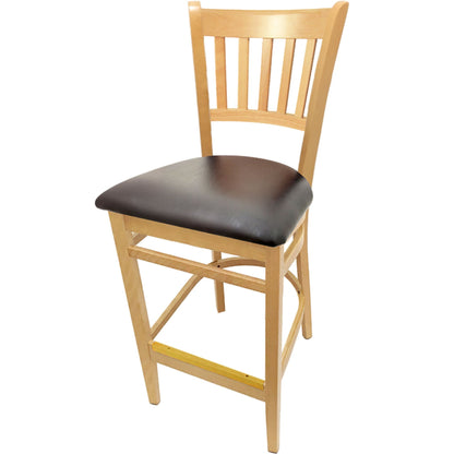 Vertical back barstool with clear coat frame and espresso vinyl seat