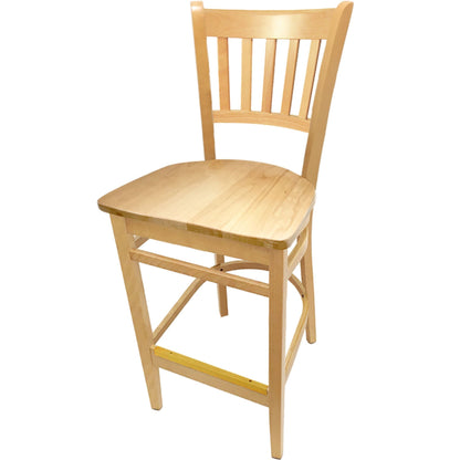 Vertical back barstool with clear coat frame and natural wood seat