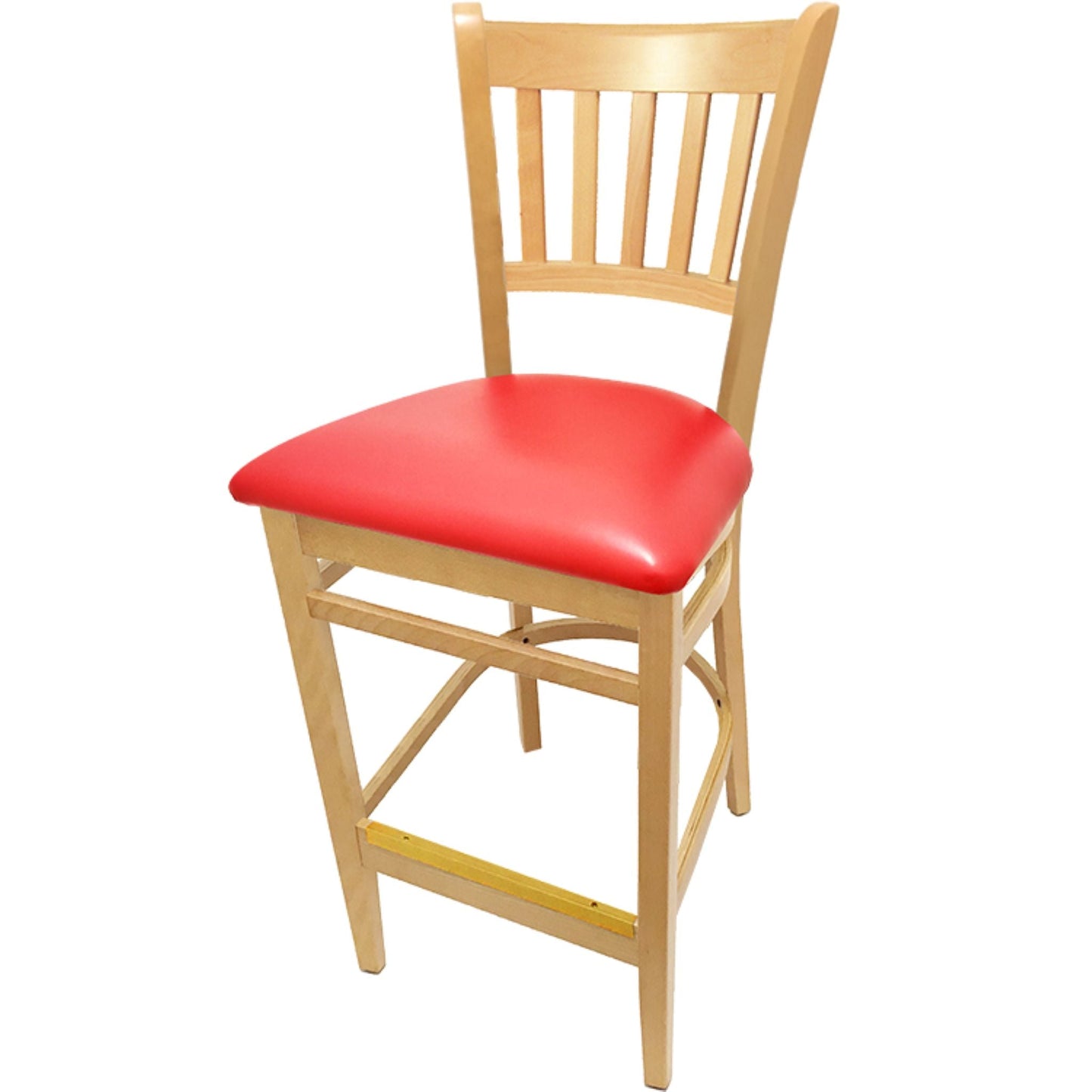Vertical back barstool with clear coat frame and red vinyl seat
