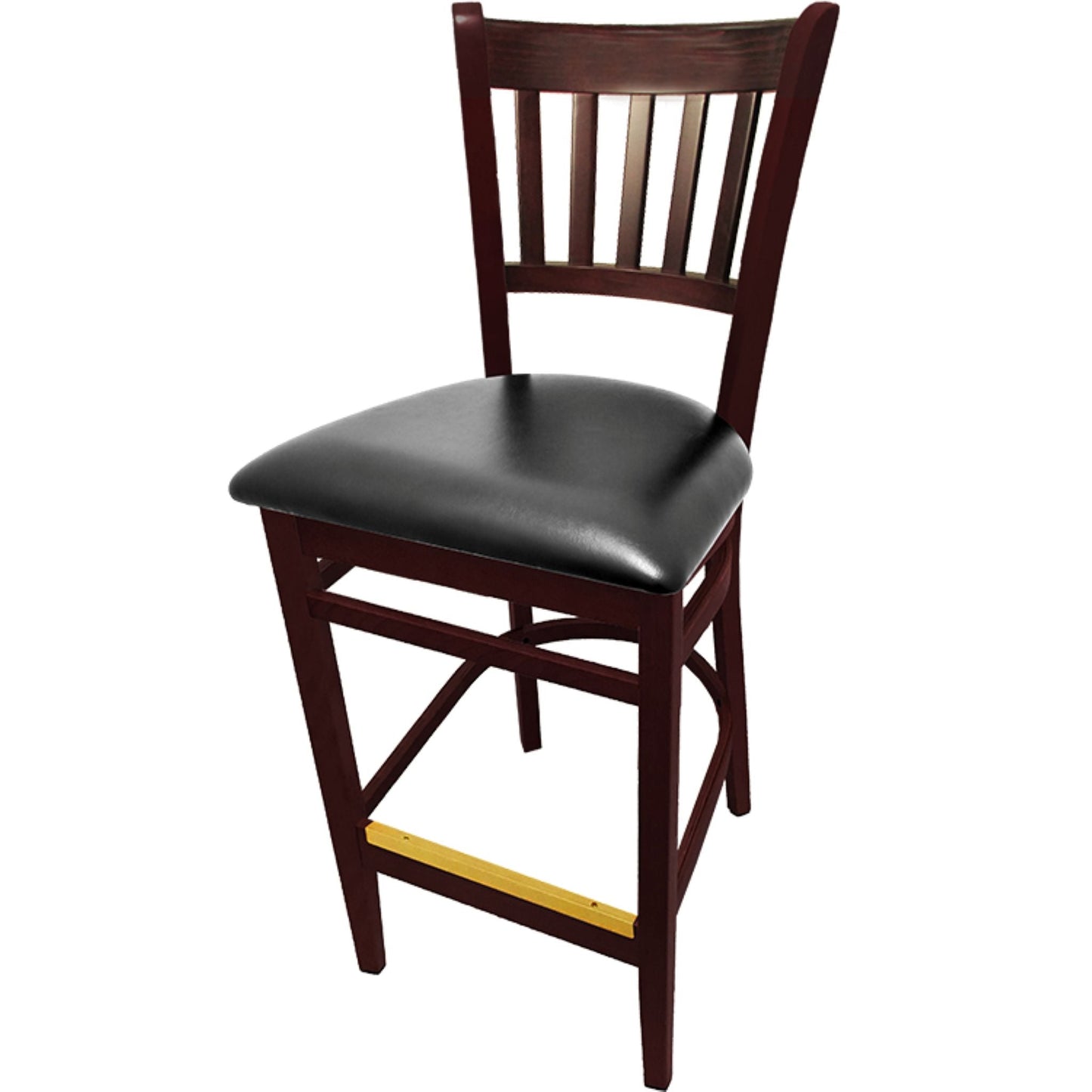 Vertical back barstool with mahogany frame and black vinyl seat