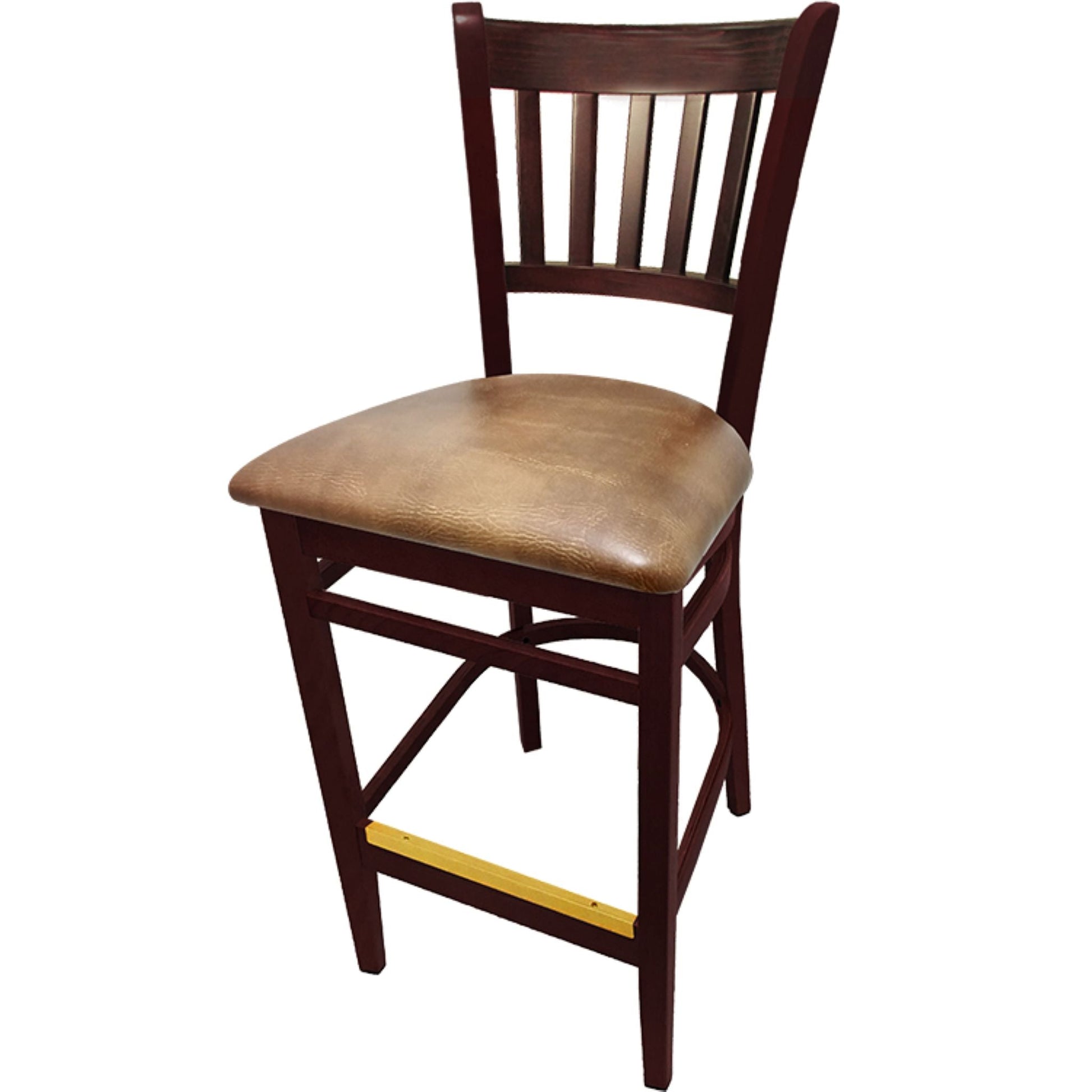 Vertical back barstool with mahogany frame and buckskin vinyl seat