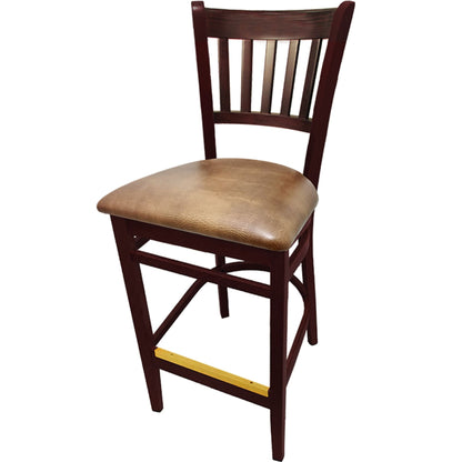 Vertical back barstool with mahogany frame and buckskin vinyl seat