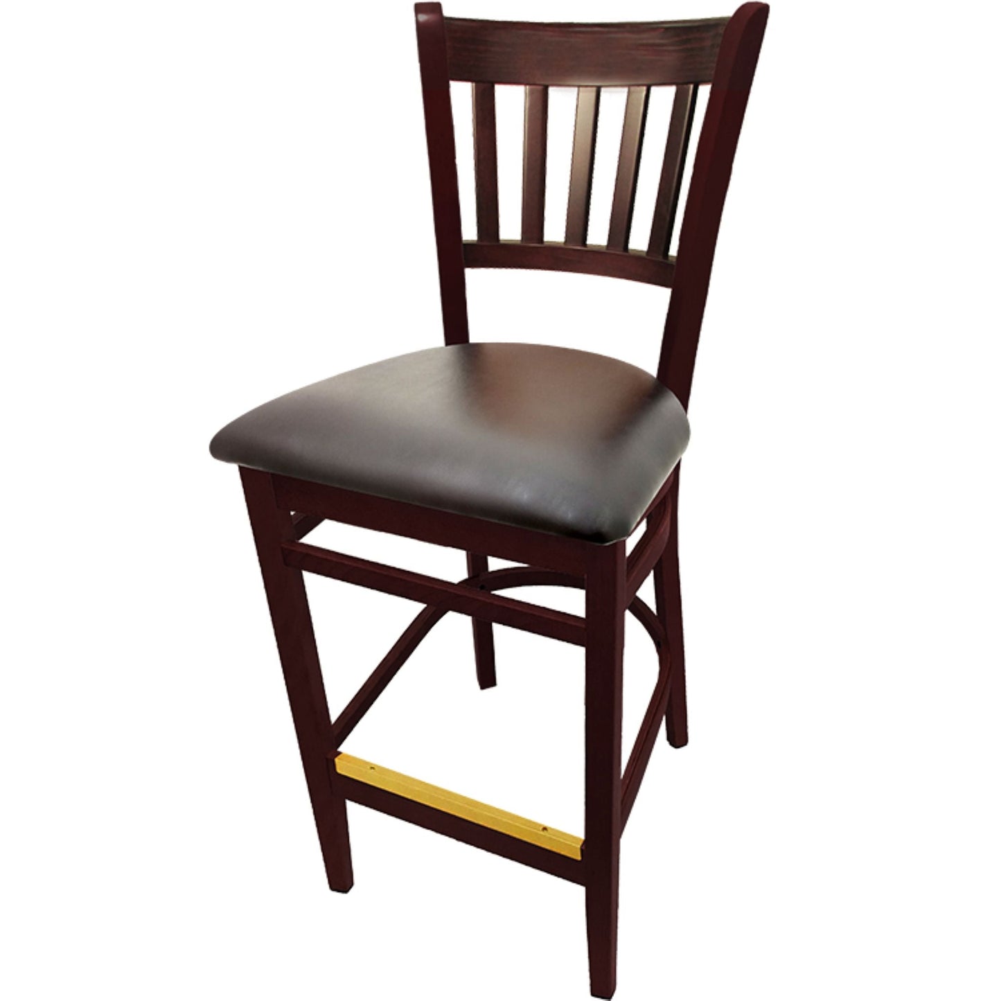 Vertical back barstool with mahogany frame and espresso vinyl seat