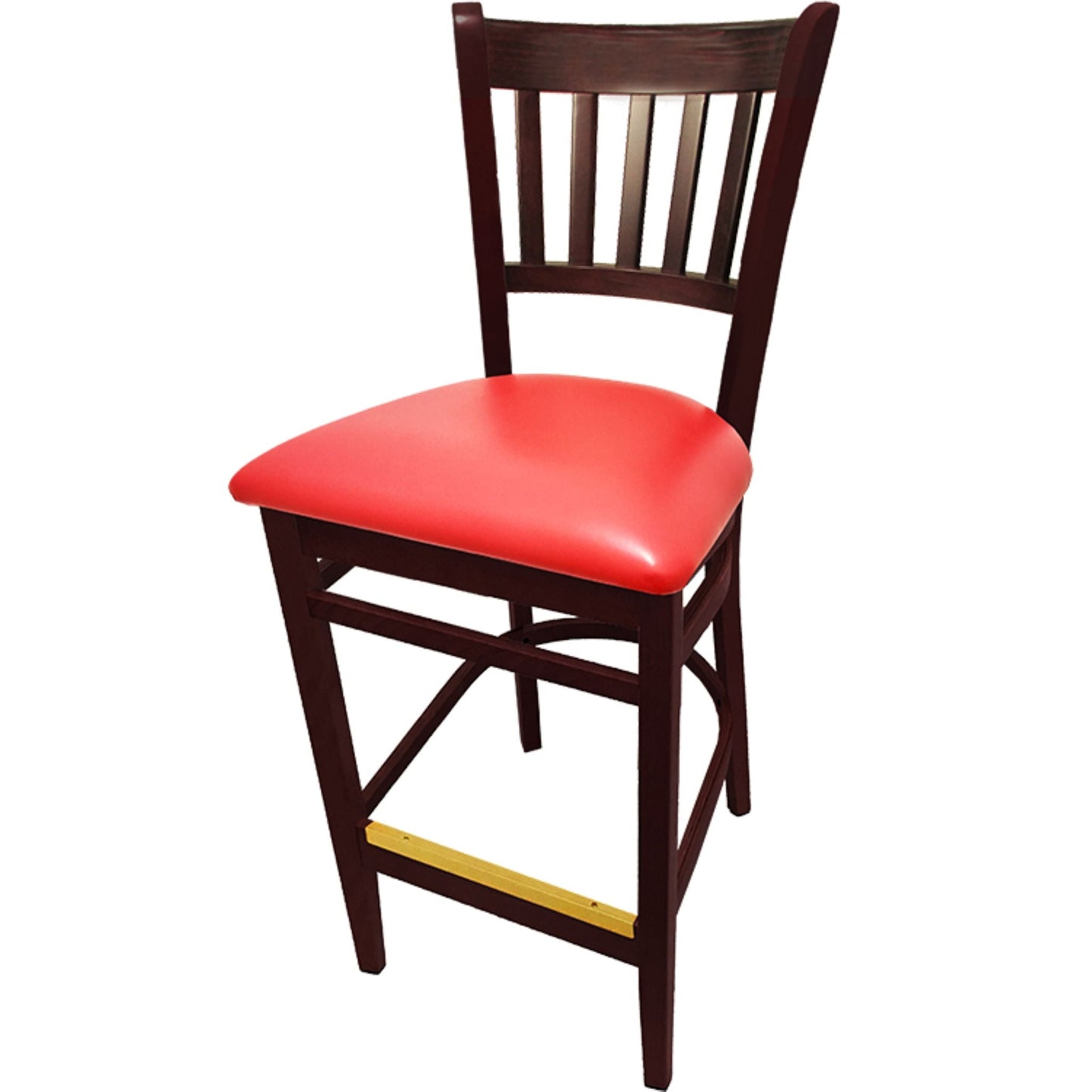 Vertical back barstool with mahogany frame and red vinyl seat