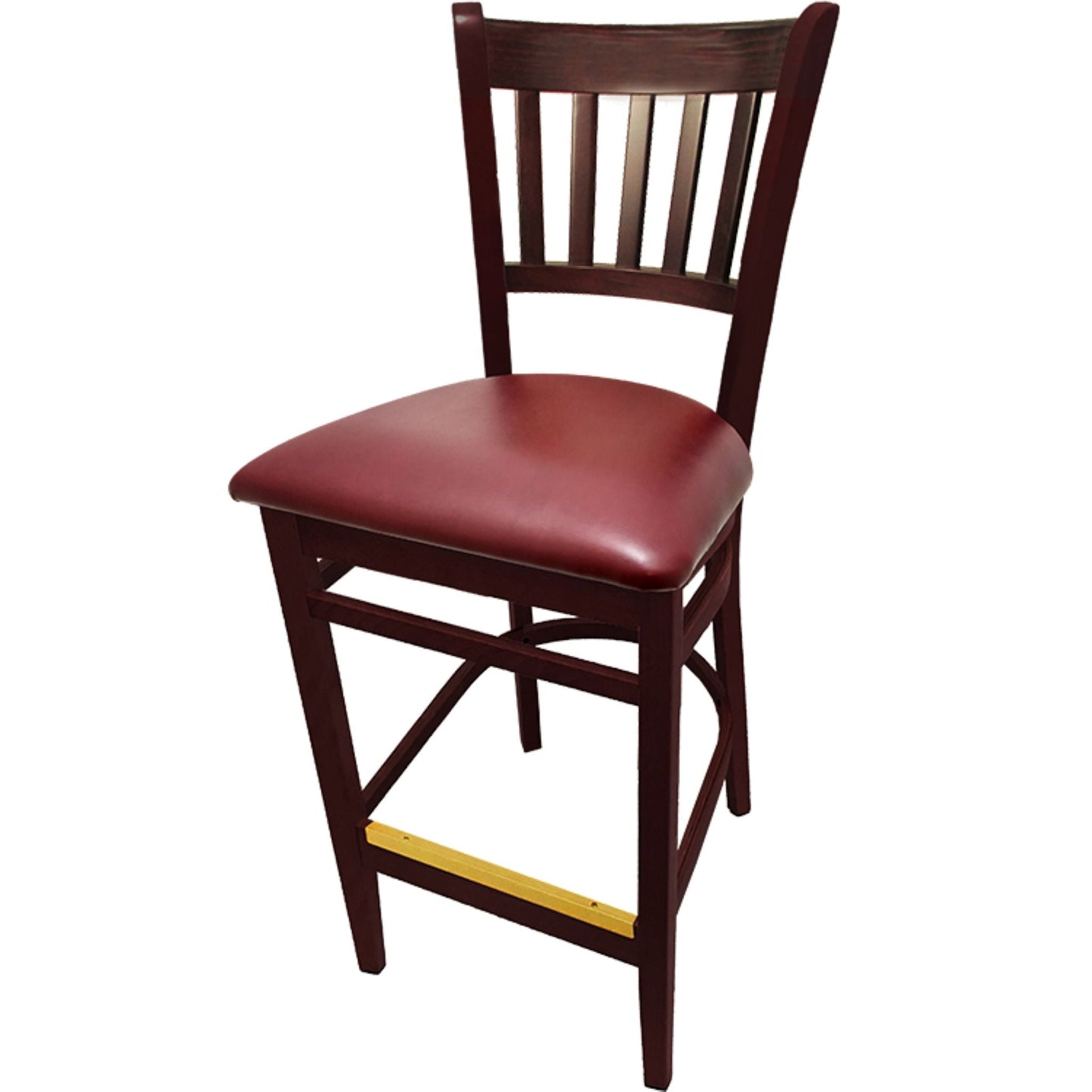Vertical back barstool with mahogany frame and wine vinyl seat