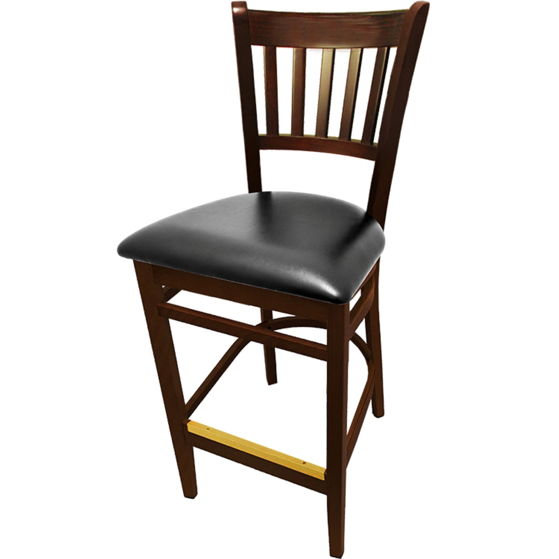 Vertical back barstool with walnut frame and black vinyl seat